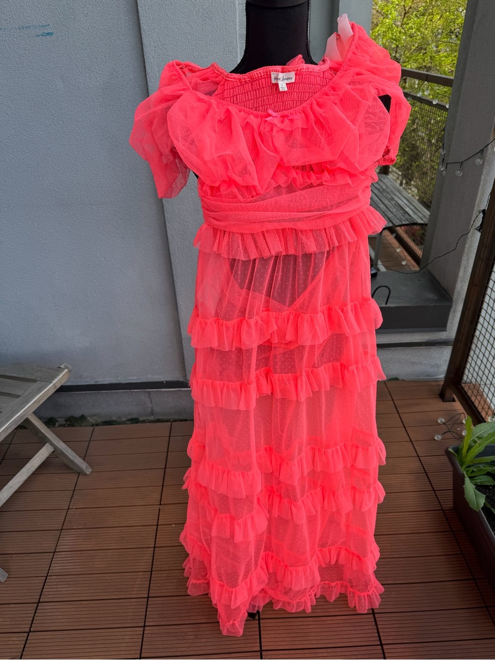For Love & Lemons Neon Coral Pink Ruffled Mesh Maxi Dress